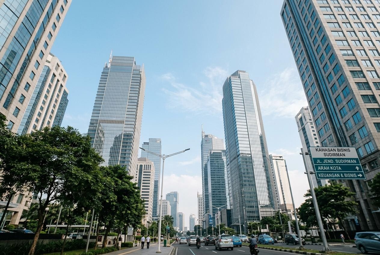 Gedung perbankan di kawasan Sudirman Jakarta dengan papan informasi sektor keuangan