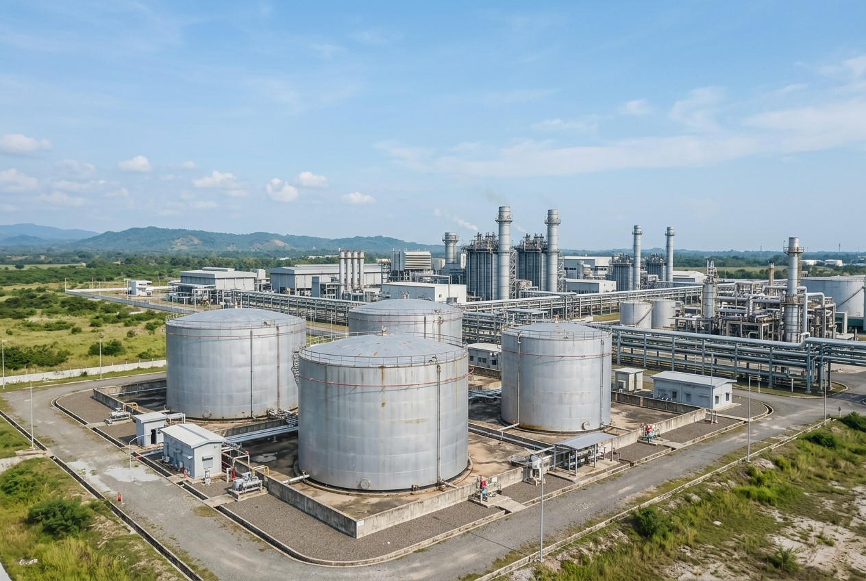 Instalasi pembangkit energi dan tangki minyak di kawasan industri Indonesia