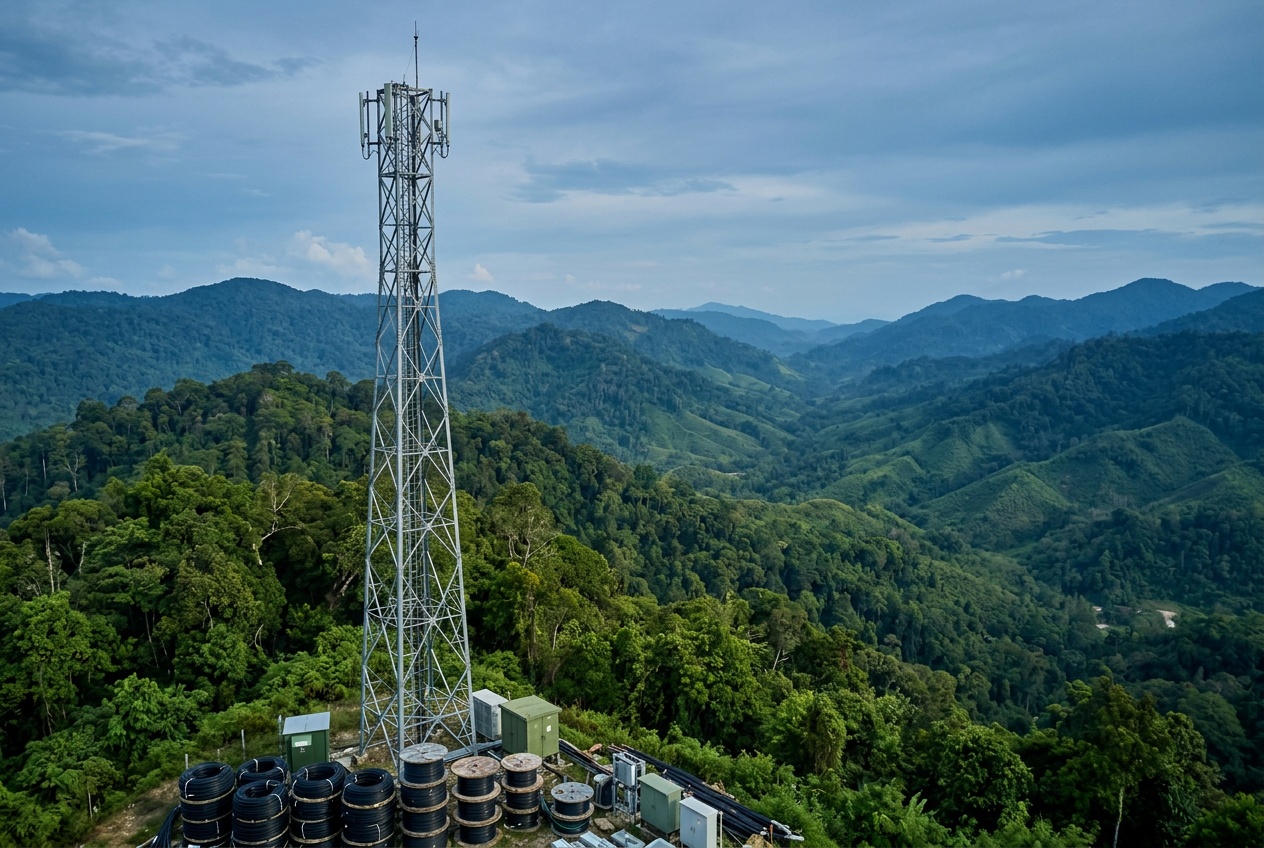 Menara telekomunikasi di latar pegunungan Indonesia dengan kabel serat optik