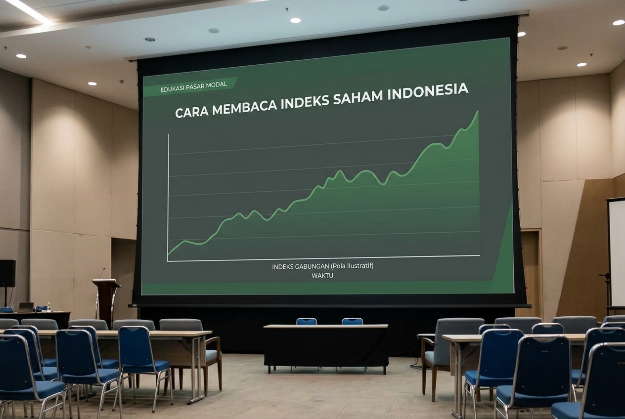 Layar besar menampilkan grafik indeks saham di lantai bursa Indonesia