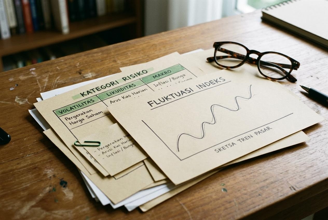 Catatan editorial tentang risiko pasar dengan diagram fluktuasi indeks dan tabel volatilitas