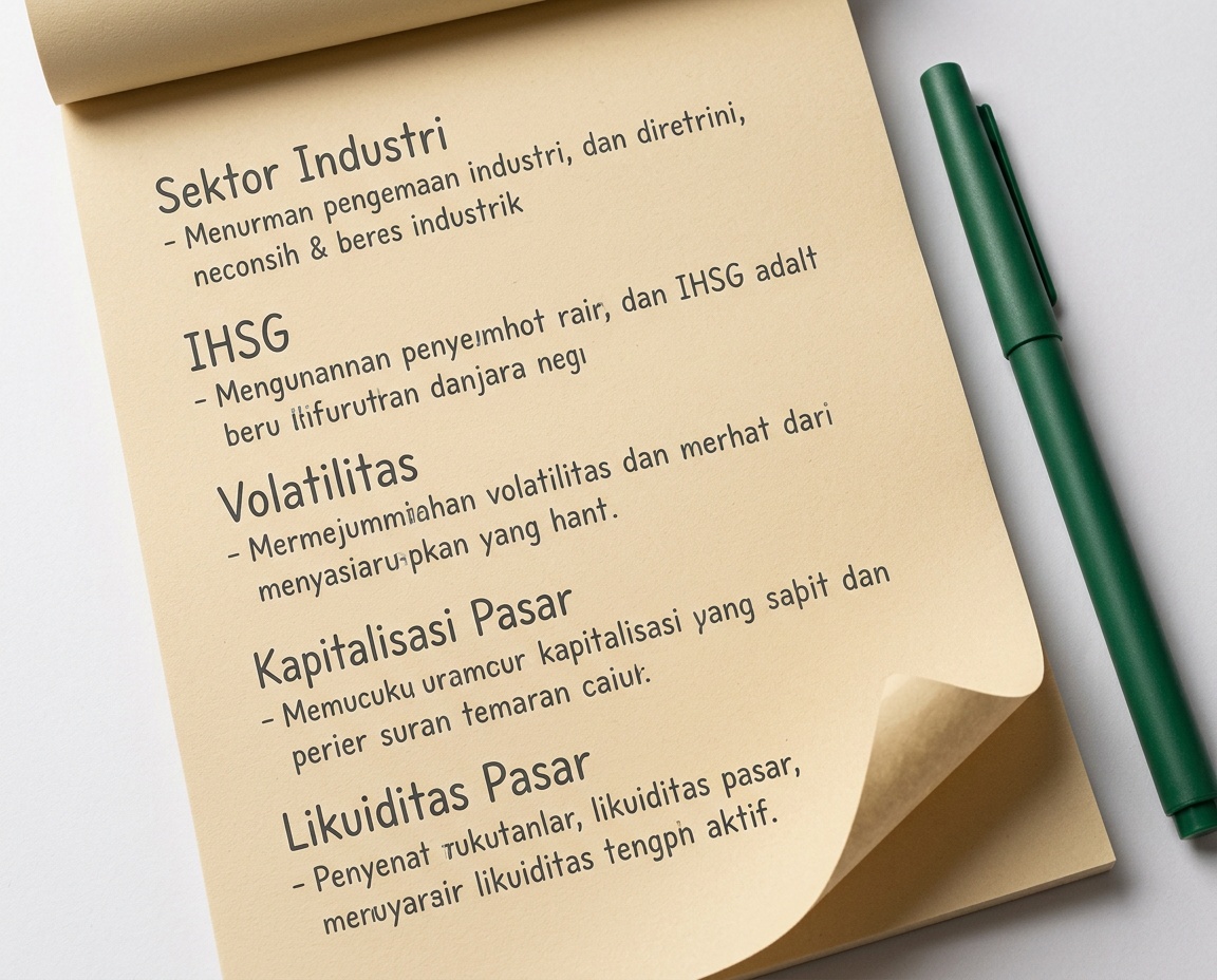Daftar istilah sektor saham dengan catatan editorial dan pulpen di atas meja kerja