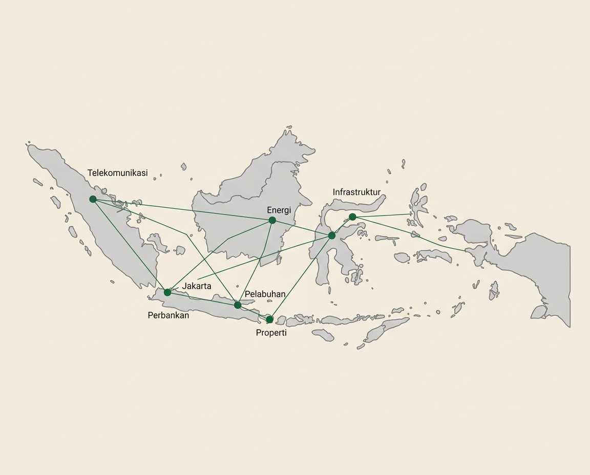 Ilustrasi misi ruang pasar saham yang menggambarkan peta sektor industri di kepulauan Indonesia